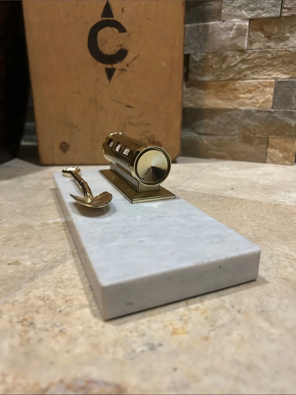 Vintage Brass Desk Perpetual Calendar with Marble Base and Shovel Accent